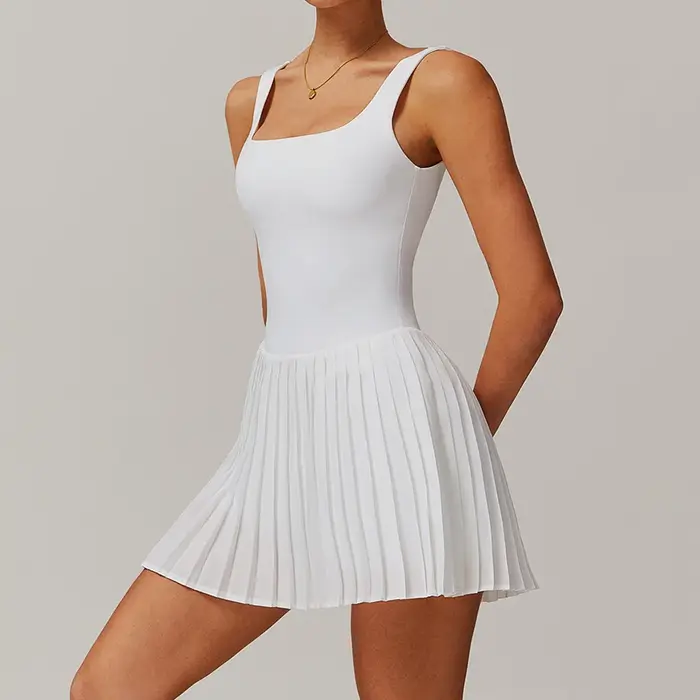 Ensemble de Yoga, robe de Tennis nue, combinaison pour femmes, bas anti-éblouissement, vêtements de Fitness, poches de course, jupe plissée, robe de sport