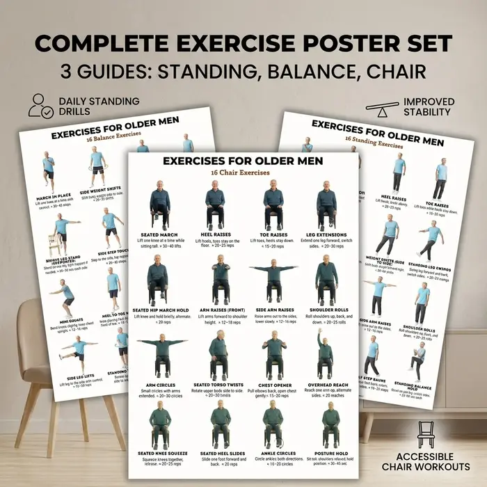 Lot de 3 affiches d'exercices et guide d'entraînement pour chaise d'équilibre, pour hommes âgés, améliorant la force et l'équilibre du bas du corps, usage domestique en intérieur