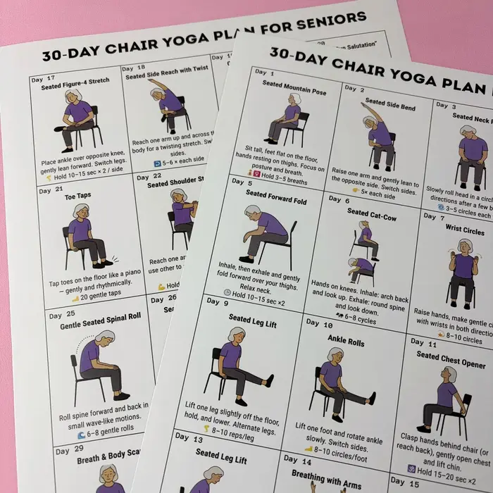 Affiche de plan d'entraînement de yoga en position assise sur 30 jours pour les seniors