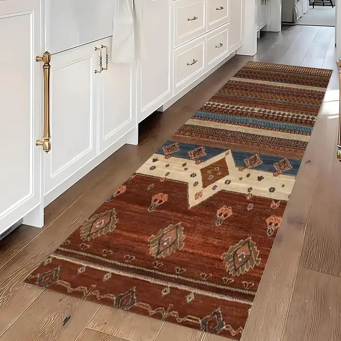 Tapis de couloir vintage ethnique tribal, motif géométrique audacieux, doux, lavable et antidérapant