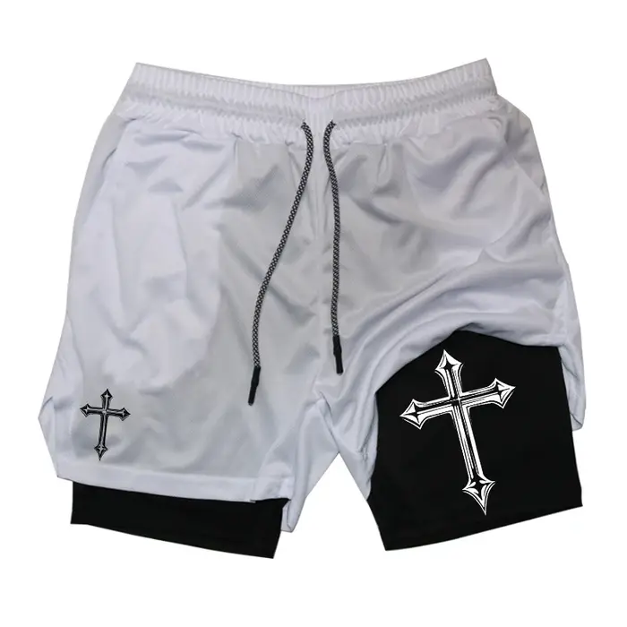 Short d'entraînement 2 en 1 imprimé croisé avec doublure de compression pour homme, short athlétique