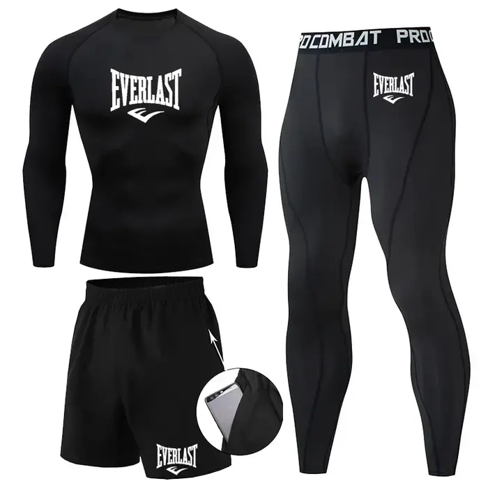 EVER/LAST noir hommes costumes chemises de Compression Leggings élasticité Fitness gymnase course respirant séchage rapi