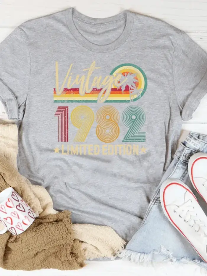 T-shirt manches courtes col rond femme, vintage, édition limitée, imprimé, 1982