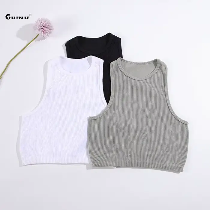 CHRLEISURE – soutien-gorge de Sport pour femmes, gilet de Yoga en tricot côtelé, col rond, haut cour