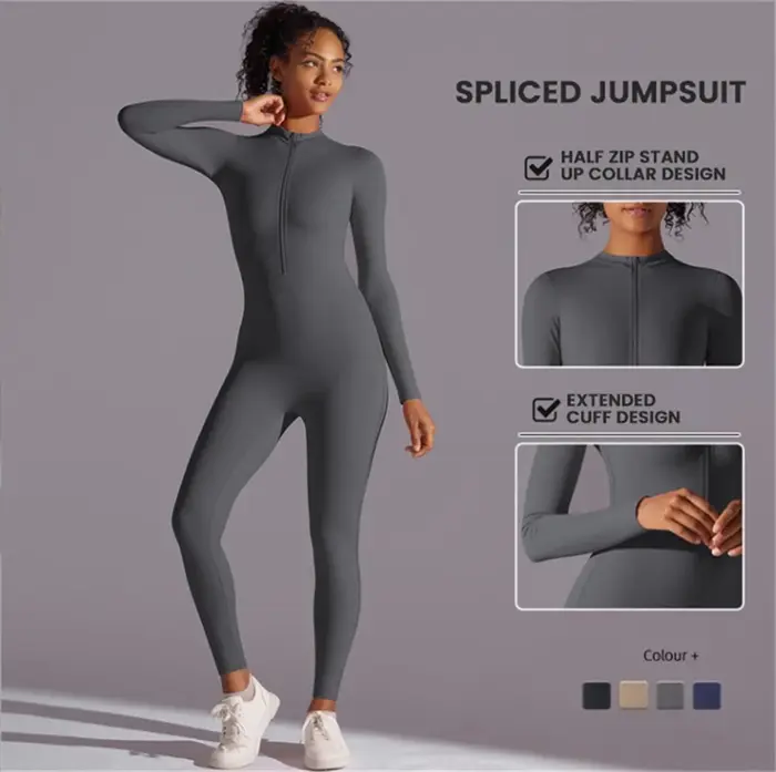 Combinaison de yoga longue intégrée à demi-zip, couleur unie, sexy, manches longues, vêtements de sp