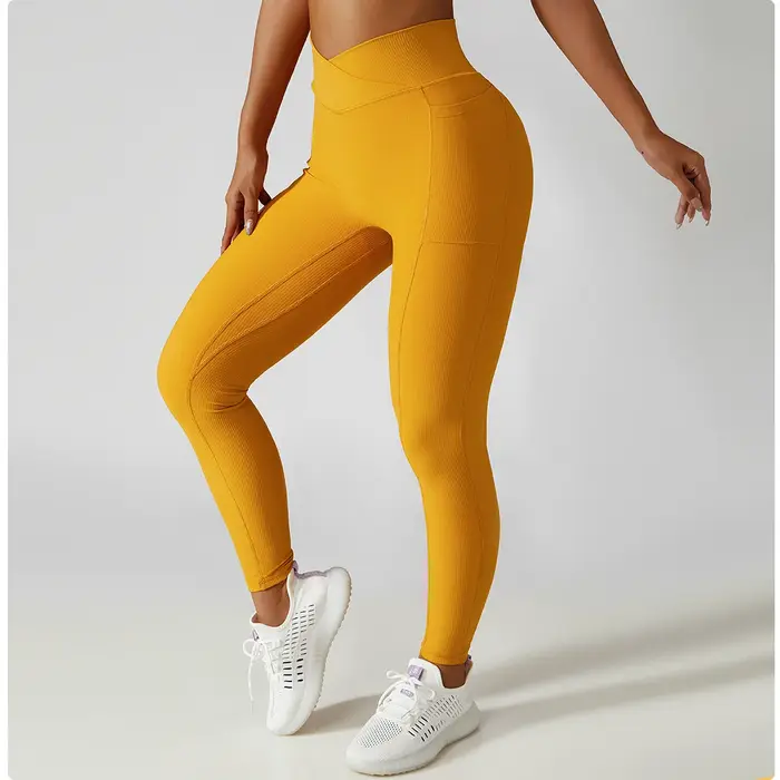 Pantalon de Yoga côtelé de couleur unie pour femmes, poches croisées, taille haute, Leggings de Fitn
