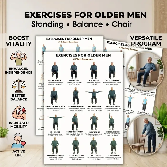 Lot de 3 affiches d'exercices et guide d'entraînement pour chaise d'équilibre, pour hommes âgés, améliorant la force et l'équilibre du bas du corps, usage domestique en intérieur