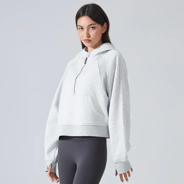 Sweats à capuche demi-zip Smile pour femmes, sweat-shirt chaud, veste de sport avec trou pour les po
