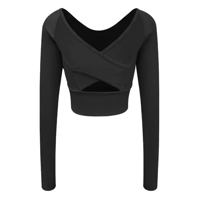 Haut de sport à manches longues pour femme, effet seconde peau, avec soutien-gorge intégré et design croisé en mesh sur le devant, idéal pour le yoga, le pilates et le fitness